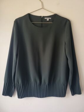 COS Dark Green Pleated-Hem And Cuff Feminine Lightweight Long Sleeve Top